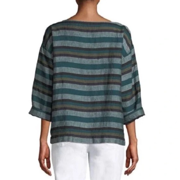 Eileen Fisher Teal Multi Stripe Organic Linen Top Extra Small New Without Tags! - Picture 5 of 11